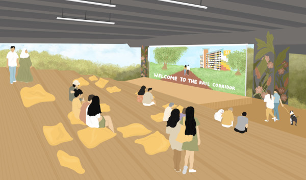 Illustration of people gathering in an urban space with a mural that reads "Welcome to the Rail Corridor."